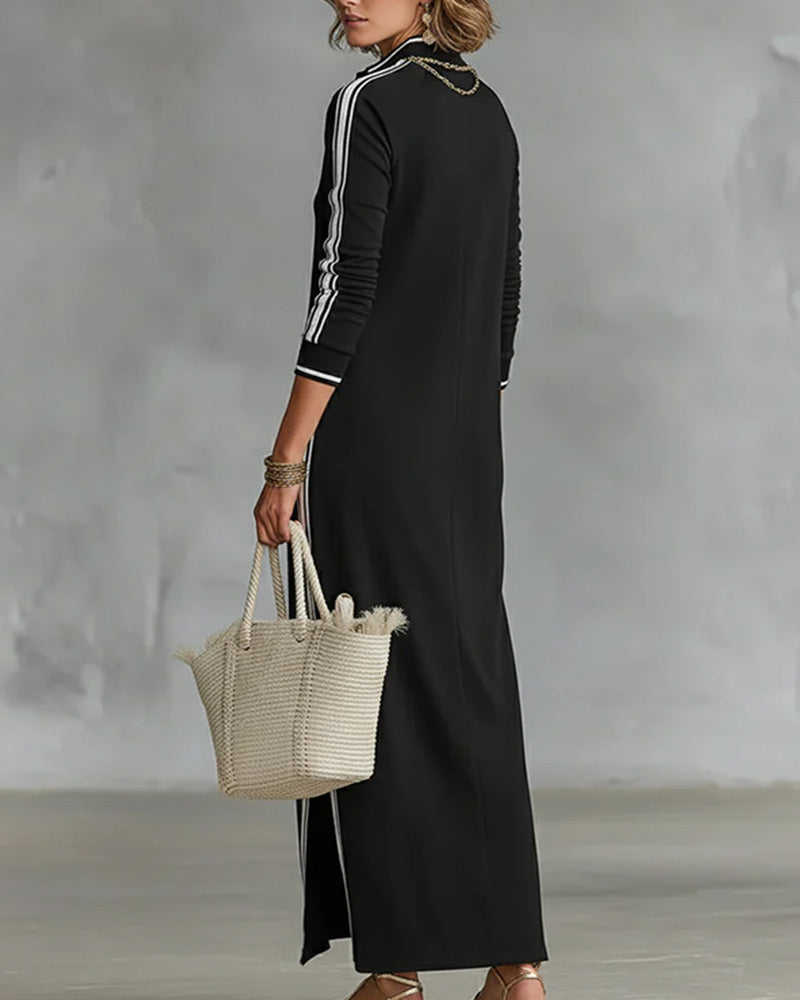 Sirilak™ | Linen V-Neck Maxi Dress with Contrast Buttons