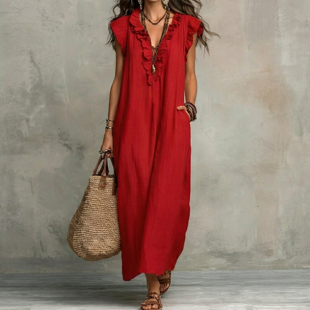 Josephine™ | Linen-Texture V-Neck Dress with Ruffles