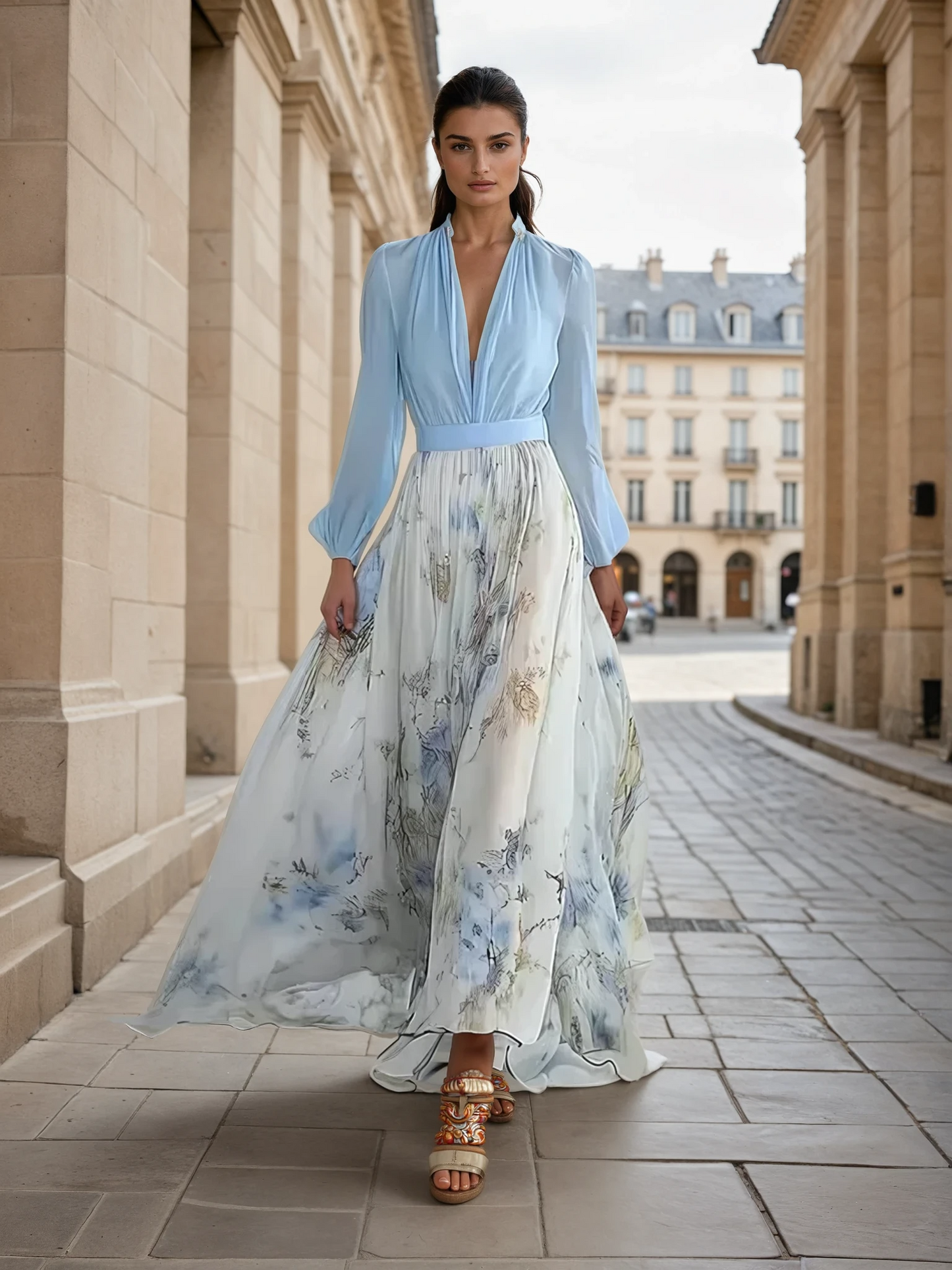 Azure | V-Neck Botanical Print Maxi Dress