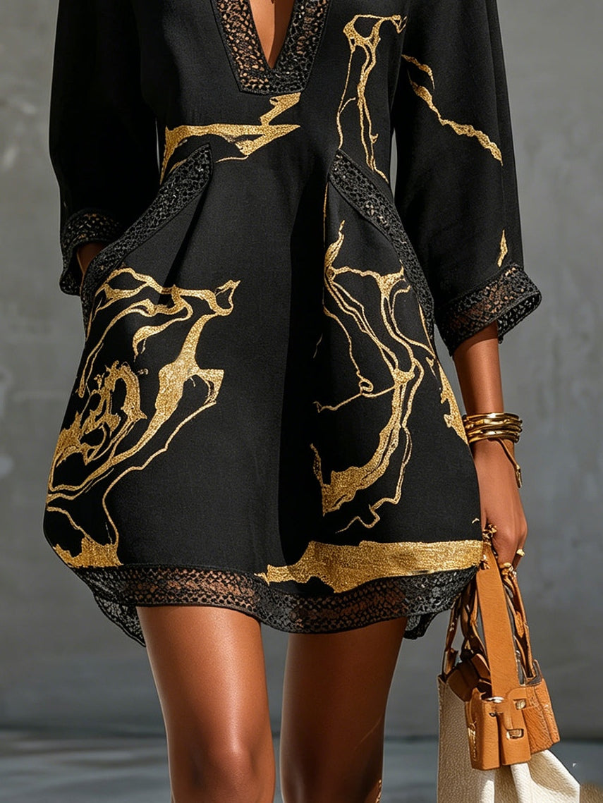 Helen™ Black Gold Crochet Lace V-Neck Mini Dress