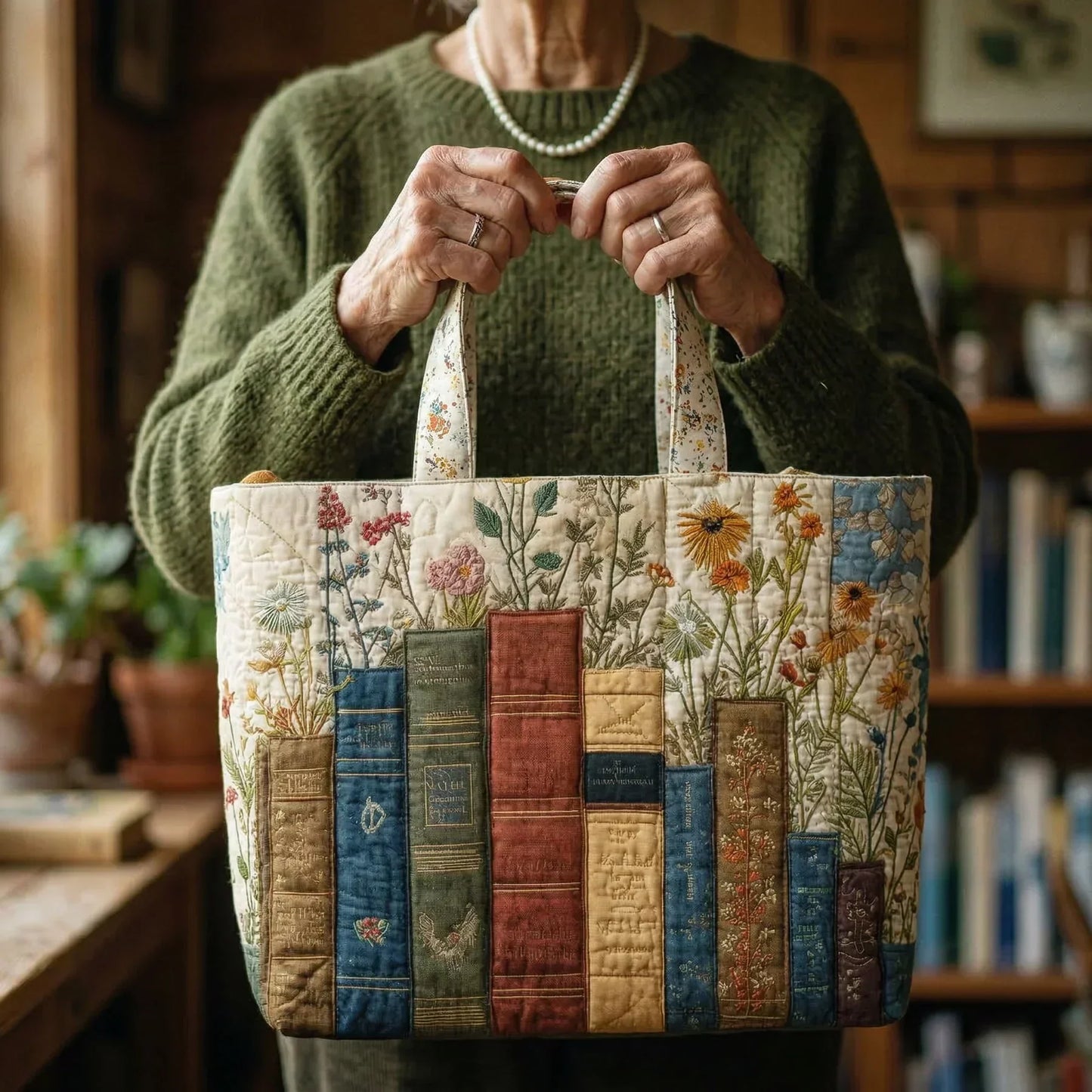 Books & Blooms | Quilted Tote Bag