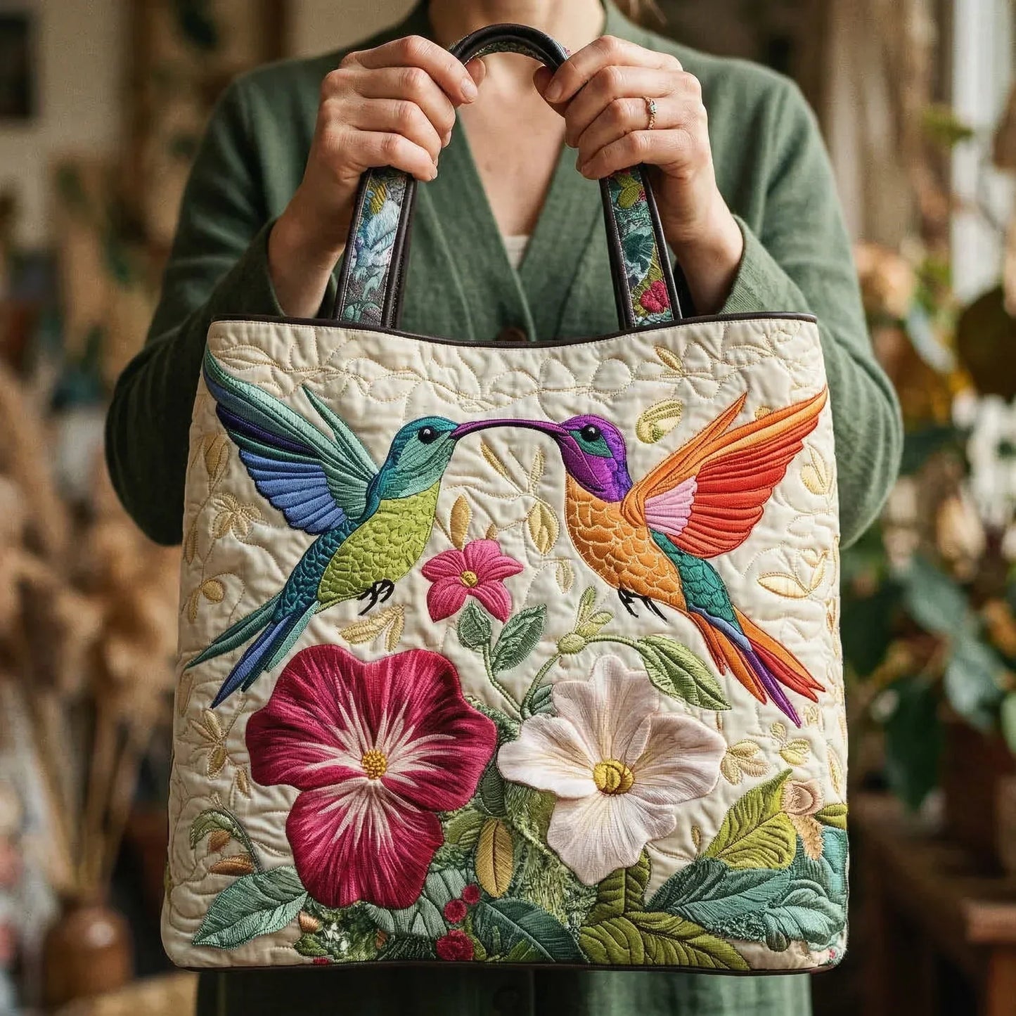 Hummingbird Blooms | Quilted Tote Bag