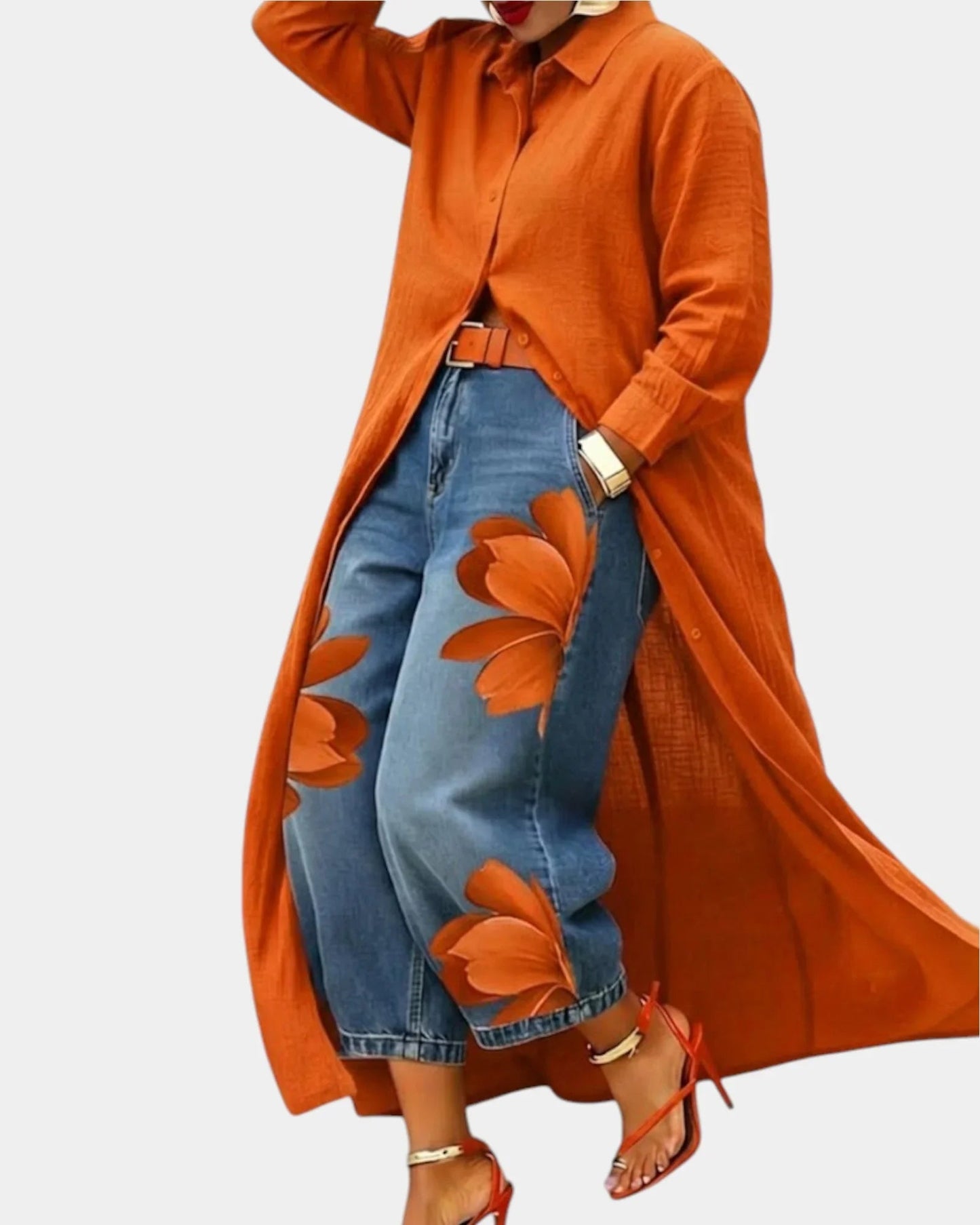 Clarine™ | Shirt-Dress & Floral Wide-Leg Jeans Set