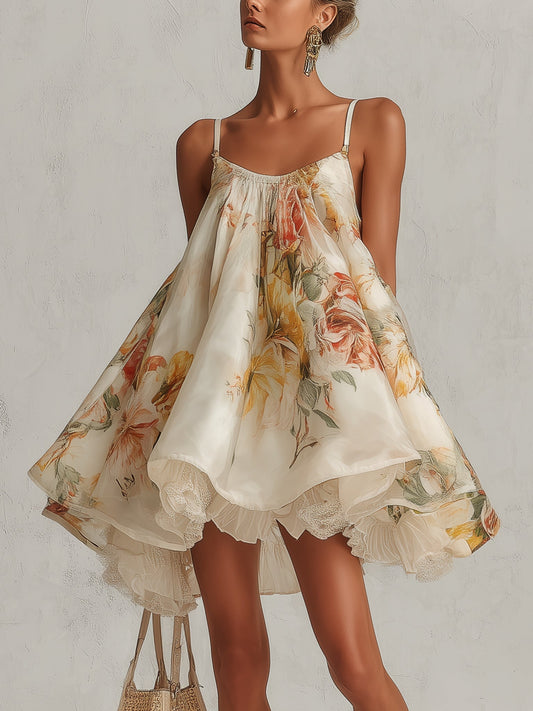 Beatrice™ Beige Floral Organza A-Line Mini Dress