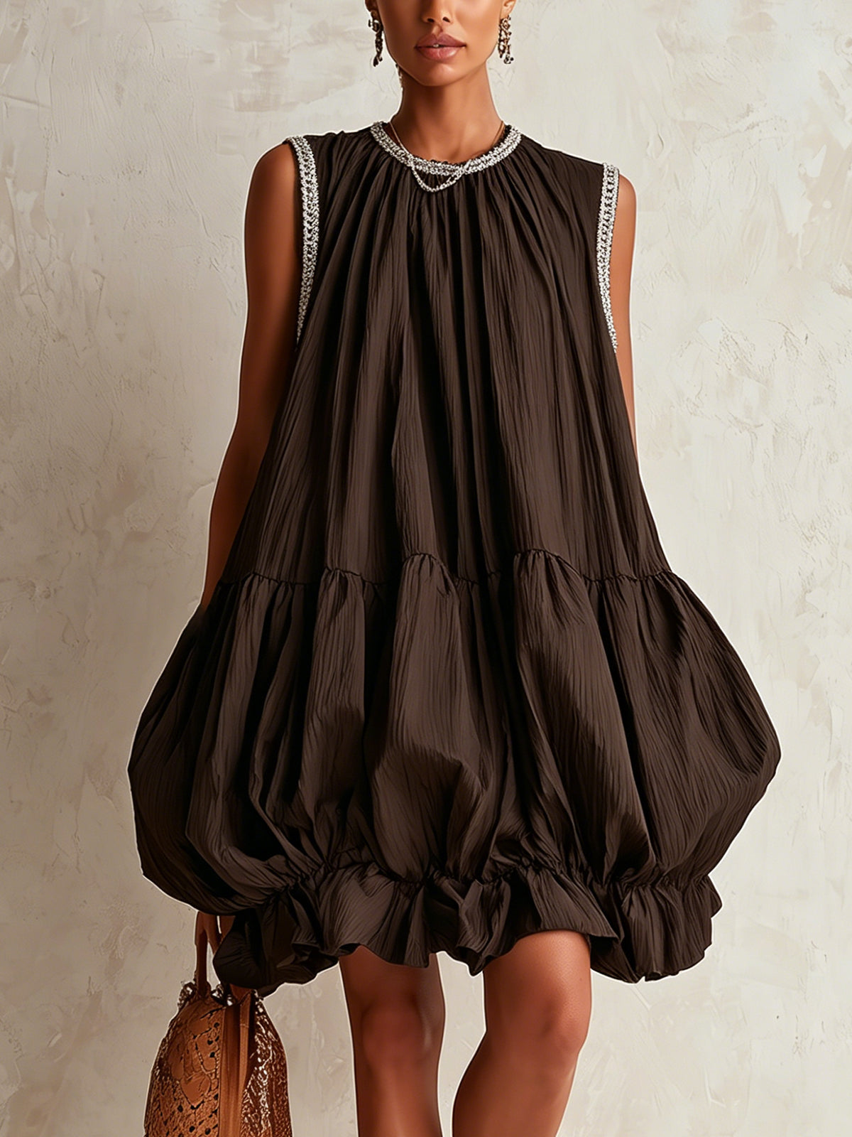 Hazel™ Brown Sleeveless Bubble-Hem Mini Dress