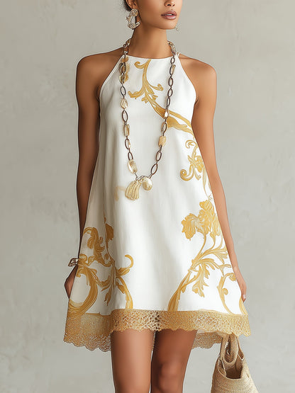 Chryssa™ White Gold Lace-Trim Mini Dress