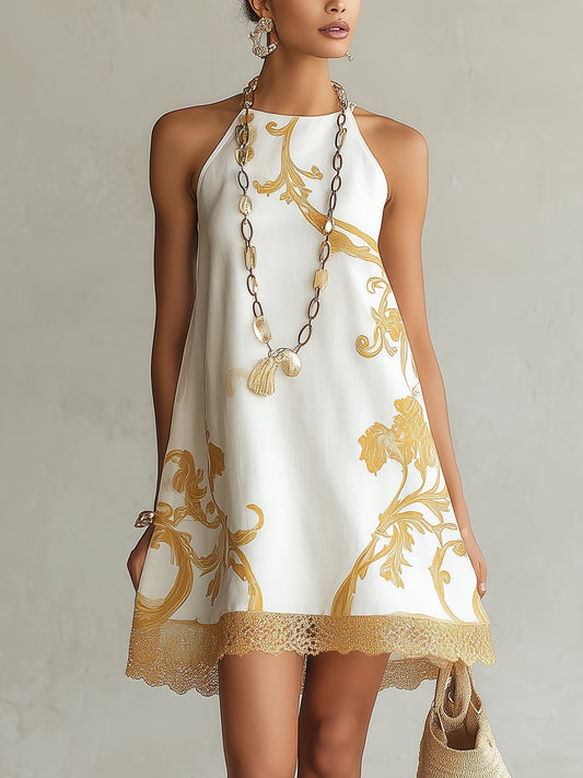 Chryssa™ White Gold Lace-Trim Mini Dress