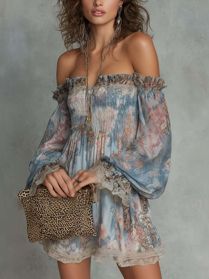 Aphrodite™ Blue Romantic Floral Off-Shoulder Mini Dress