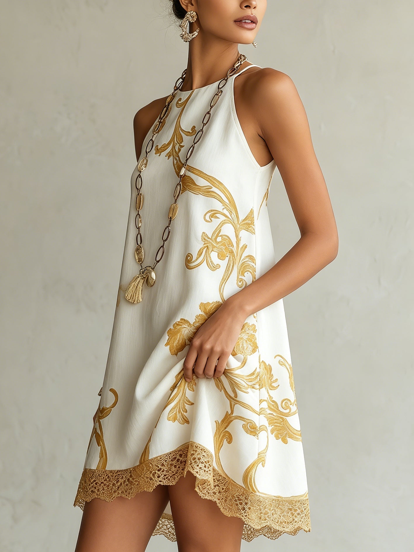 Chryssa™ White Gold Lace-Trim Mini Dress