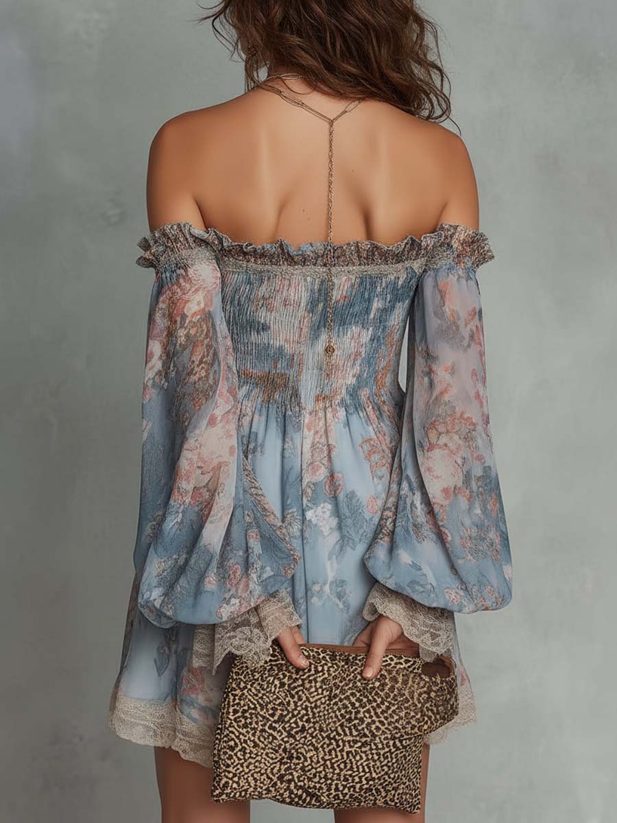 Aphrodite™ Blue Romantic Floral Off-Shoulder Mini Dress