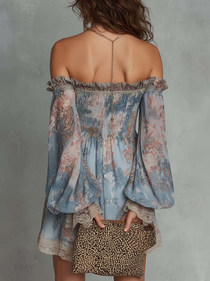 Aphrodite™ Blue Romantic Floral Off-Shoulder Mini Dress