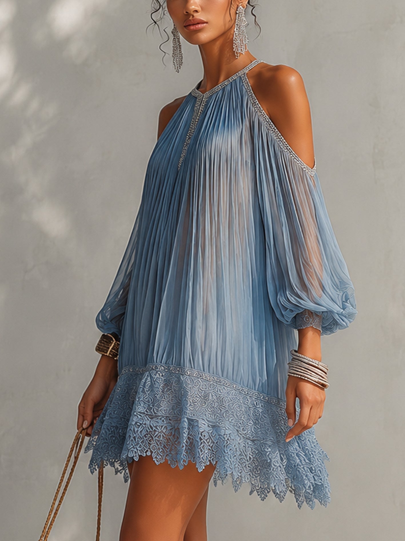 Urania™ Blue Off-Shoulder Lace-Hem Mini Dress