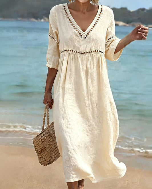 Noémie™ Openwork V-Neck Casual Midi Dress