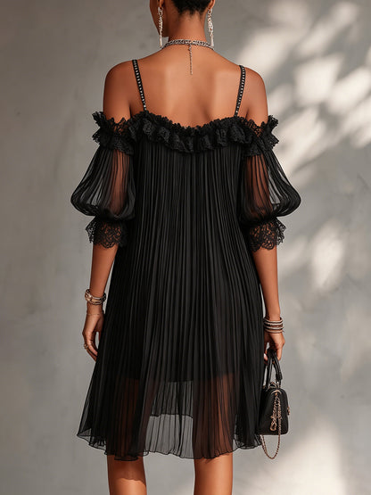 Vittoria | Black Chiffon Off-Shoulder Mini Dress with Lace Trim