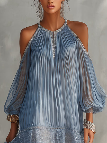 Urania™ Blue Off-Shoulder Lace-Hem Mini Dress