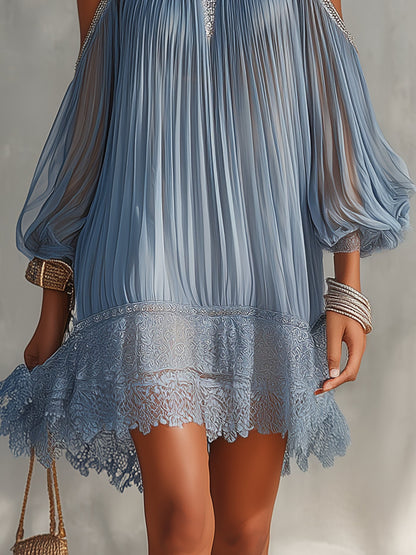 Urania™ Blue Off-Shoulder Lace-Hem Mini Dress