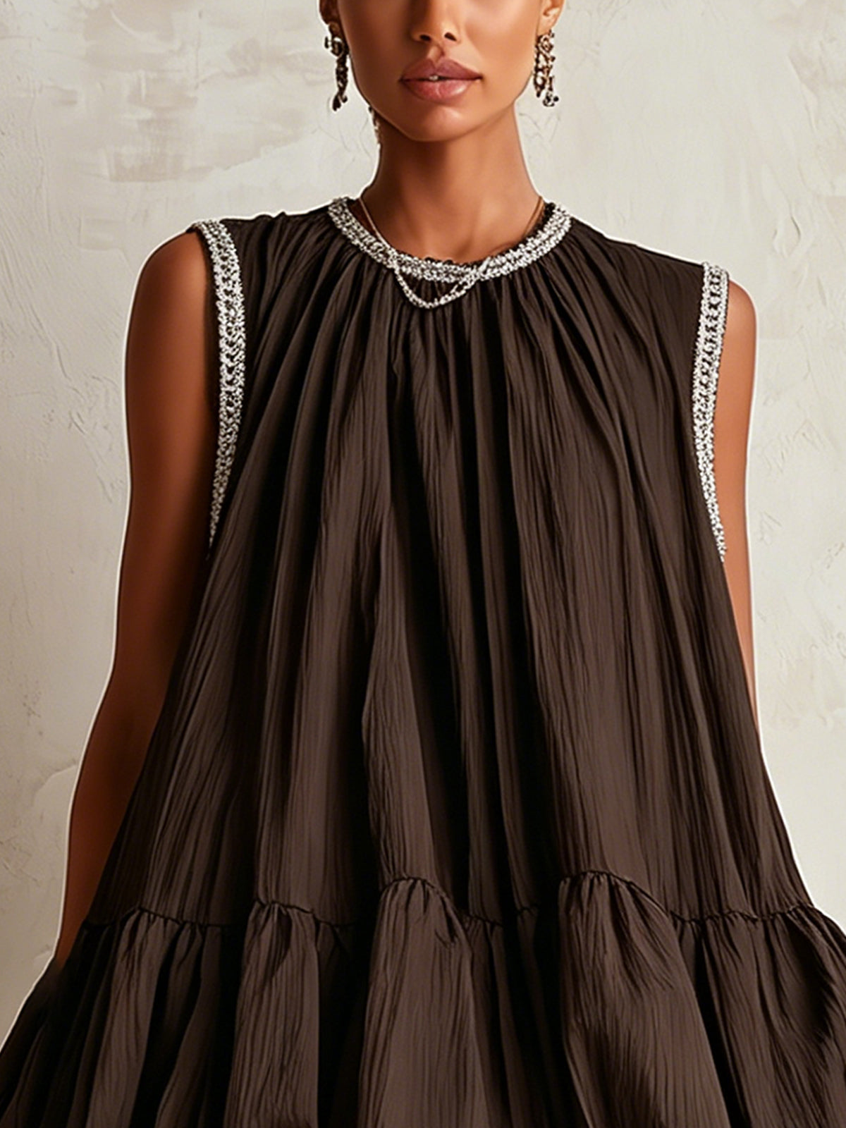 Hazel™ Brown Sleeveless Bubble-Hem Mini Dress