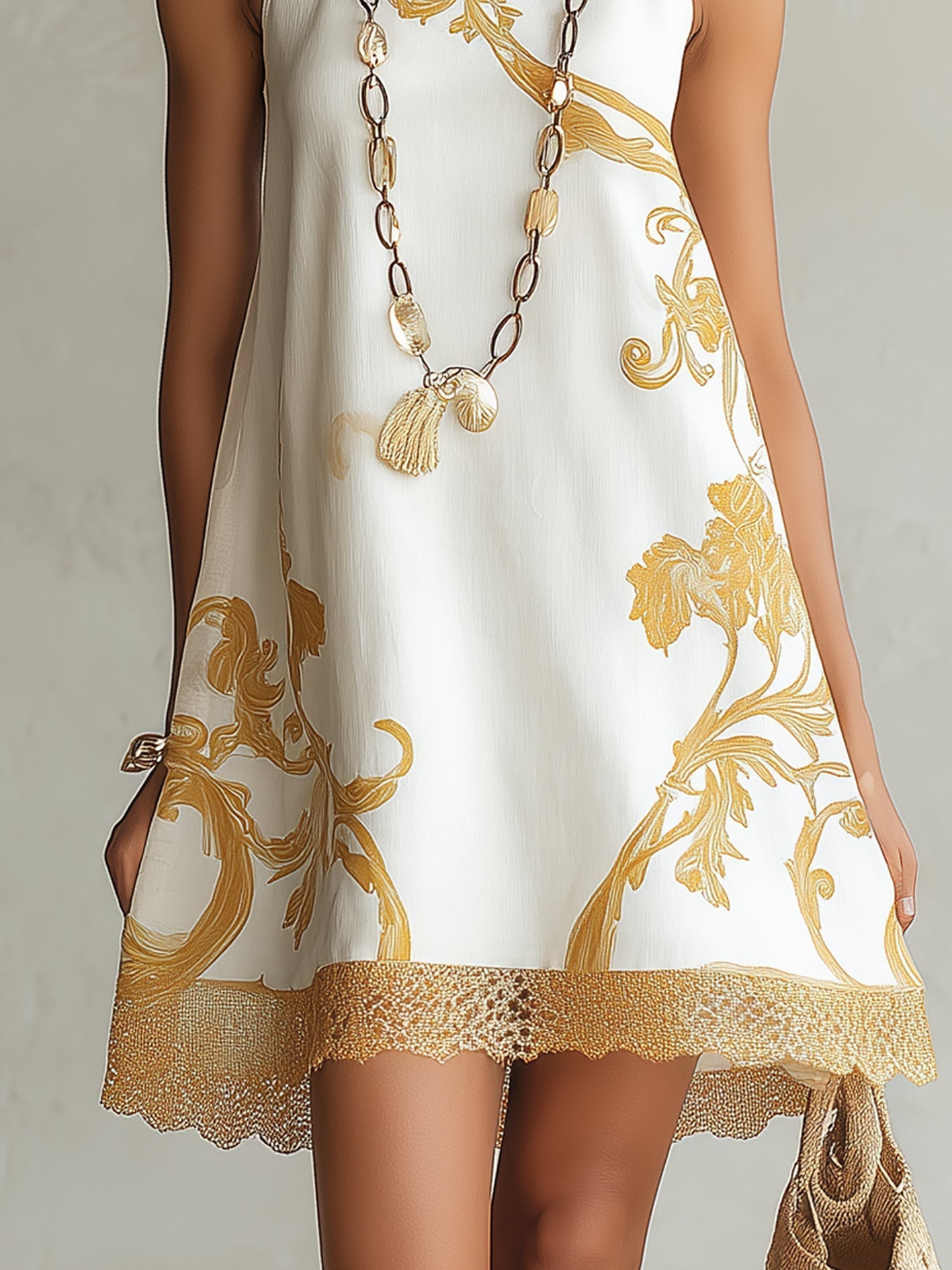 Chryssa™ White Gold Lace-Trim Mini Dress