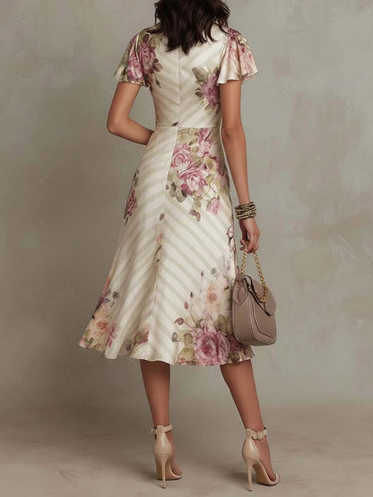 Margaret™ | Vintage Floral Satin Midi Dress
