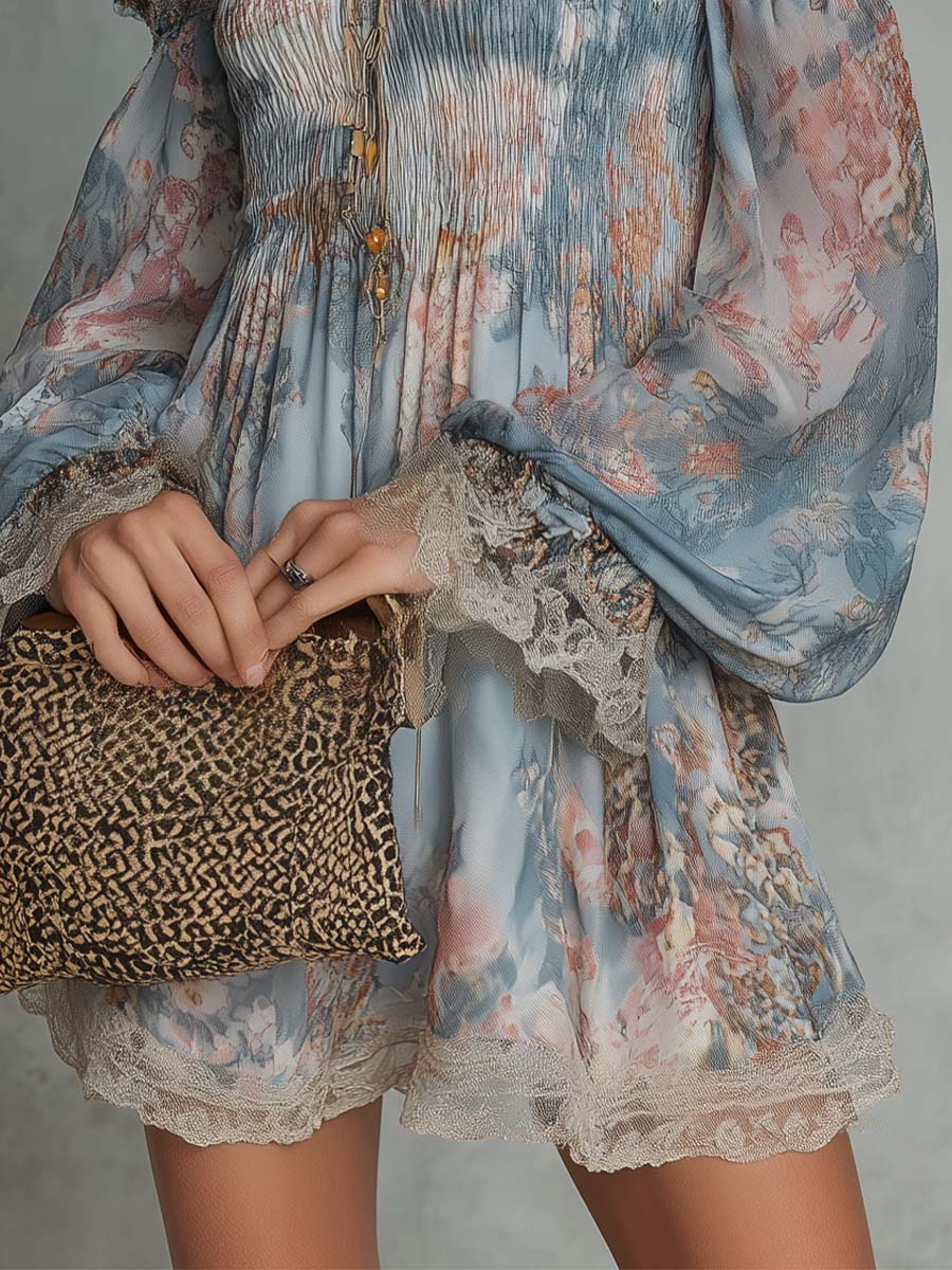 Aphrodite™ Blue Romantic Floral Off-Shoulder Mini Dress