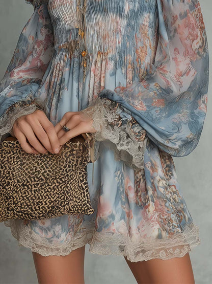 Aphrodite™ Blue Romantic Floral Off-Shoulder Mini Dress
