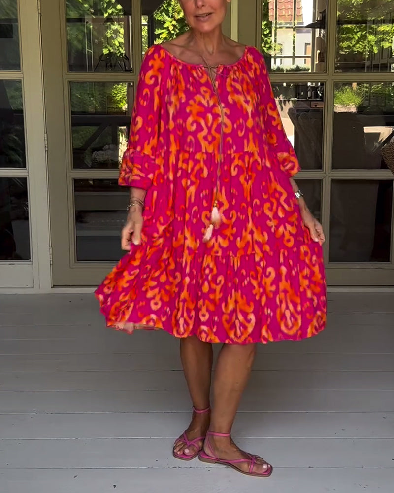Camille™ Drawstring Neck Bell Sleeve Midi Dress