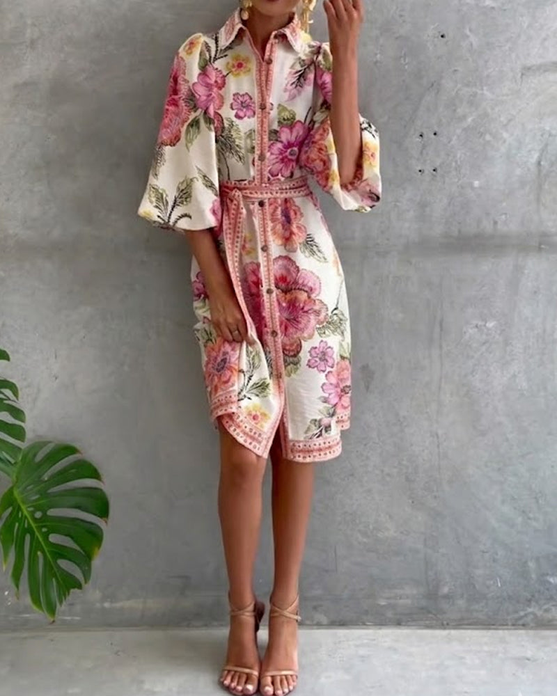 Lorette™ Notch Collar Lantern Sleeve Midi Dress