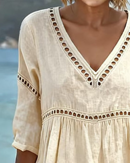 Noémie™ Openwork V-Neck Casual Midi Dress