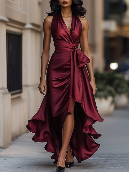 Zara | Satin Asymmetric Halter Midi Dress