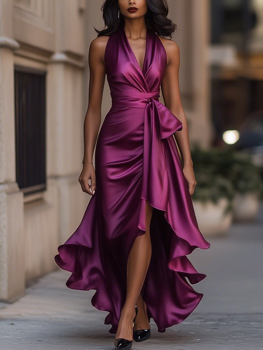 Zara | Satin Asymmetric Halter Midi Dress