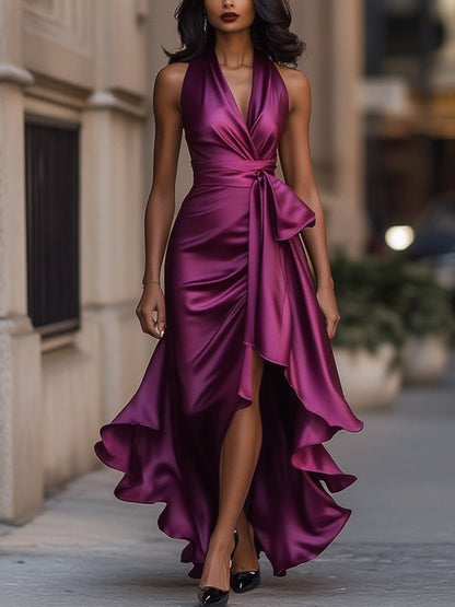 Zara | Satin Asymmetric Halter Midi Dress