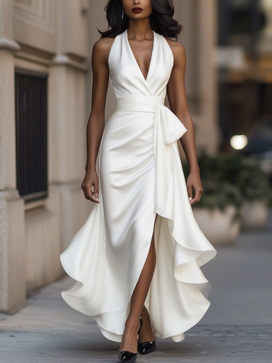 Zara | Satin Asymmetric Halter Midi Dress