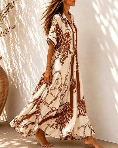 Vivienne™ Vintage Scroll Collared Shirt Maxi Dress