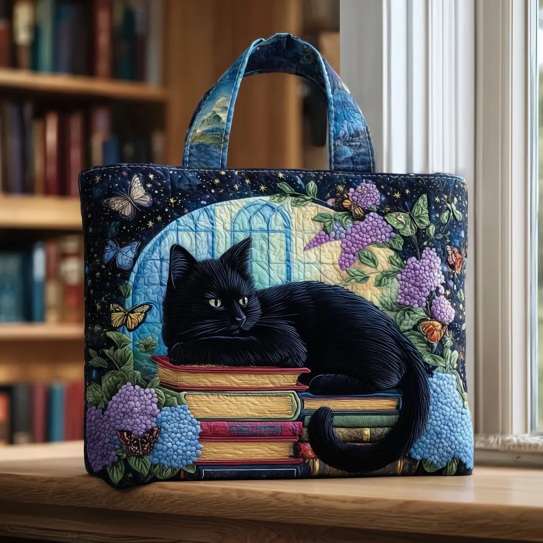Black Cat Library | Quilted Tote Bag