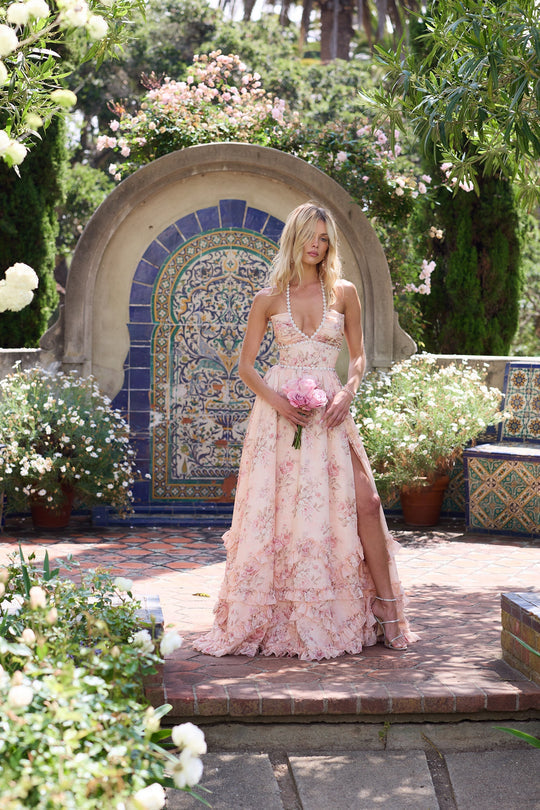 Vivienne | Floral Pearl-Strap Maxi Dress