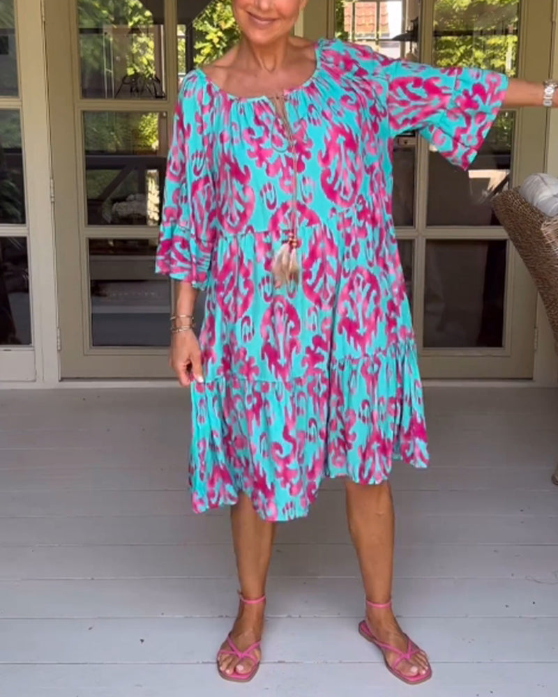Camille™ Drawstring Neck Bell Sleeve Midi Dress