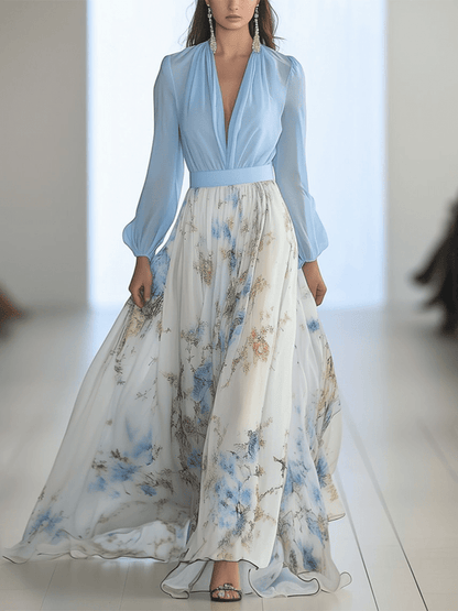 Azure | V-Neck Botanical Print Maxi Dress
