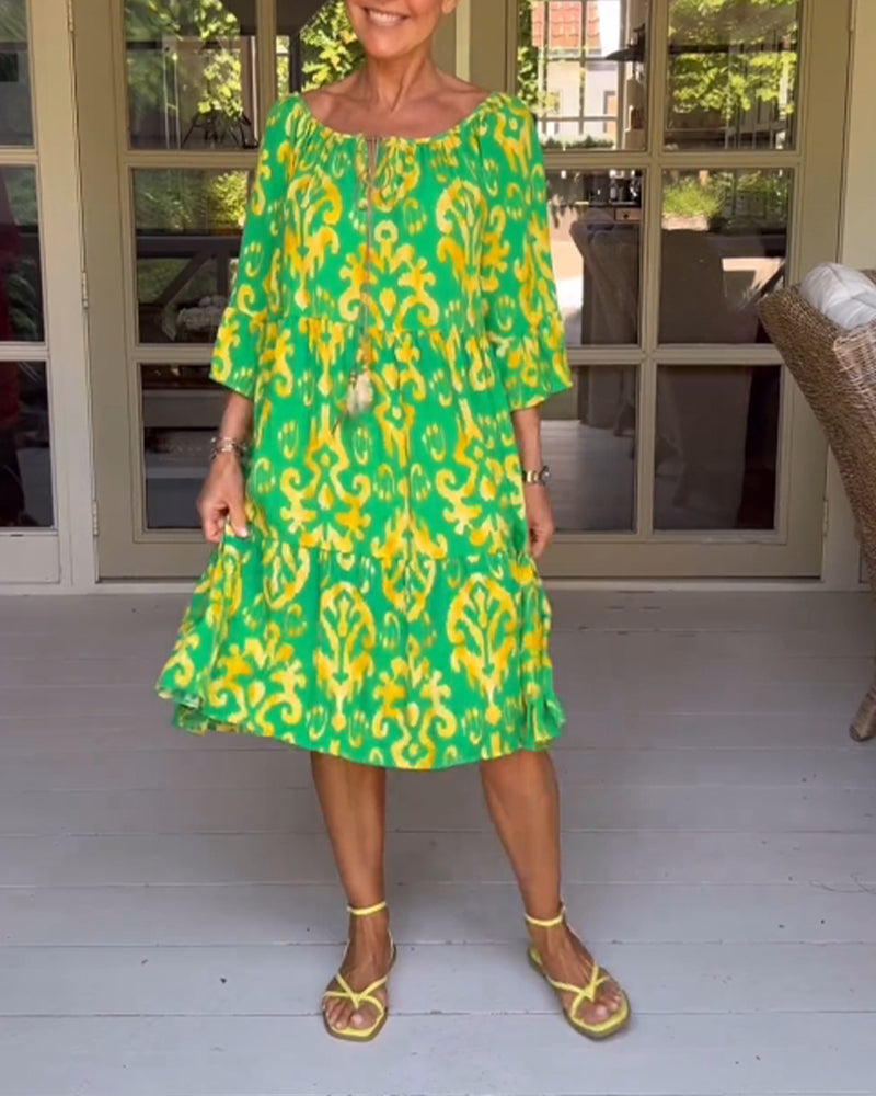 Camille™ Drawstring Neck Bell Sleeve Midi Dress
