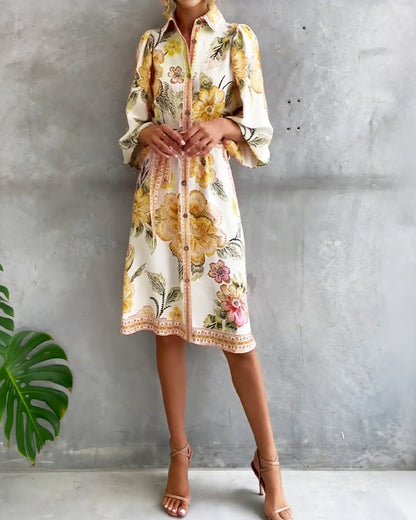 Lorette™ Notch Collar Lantern Sleeve Midi Dress
