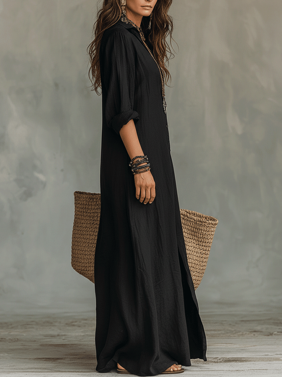 Serena™ Button-Front Bohemian Shirt Maxi Dress