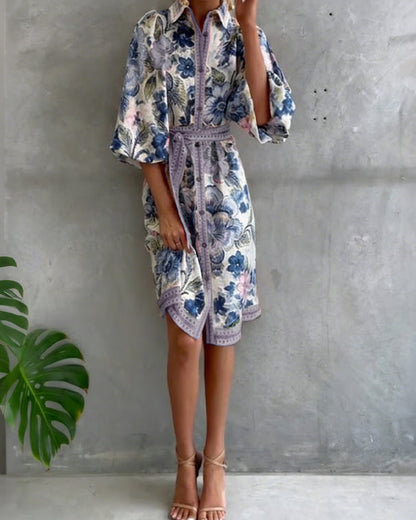 Lorette™ Notch Collar Lantern Sleeve Midi Dress