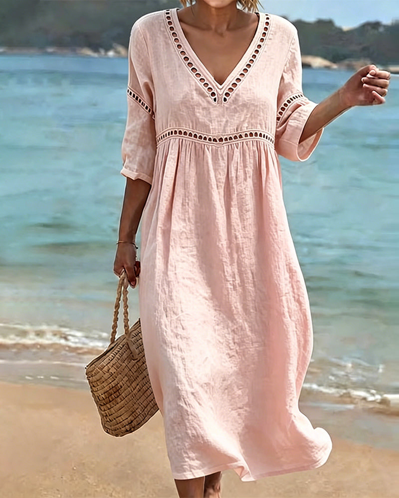 Noémie™ Openwork V-Neck Casual Midi Dress