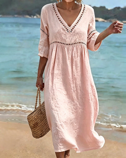 Noémie™ Openwork V-Neck Casual Midi Dress