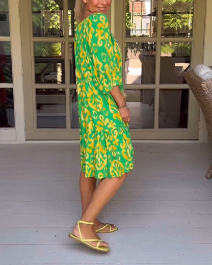 Camille™ Drawstring Neck Bell Sleeve Midi Dress
