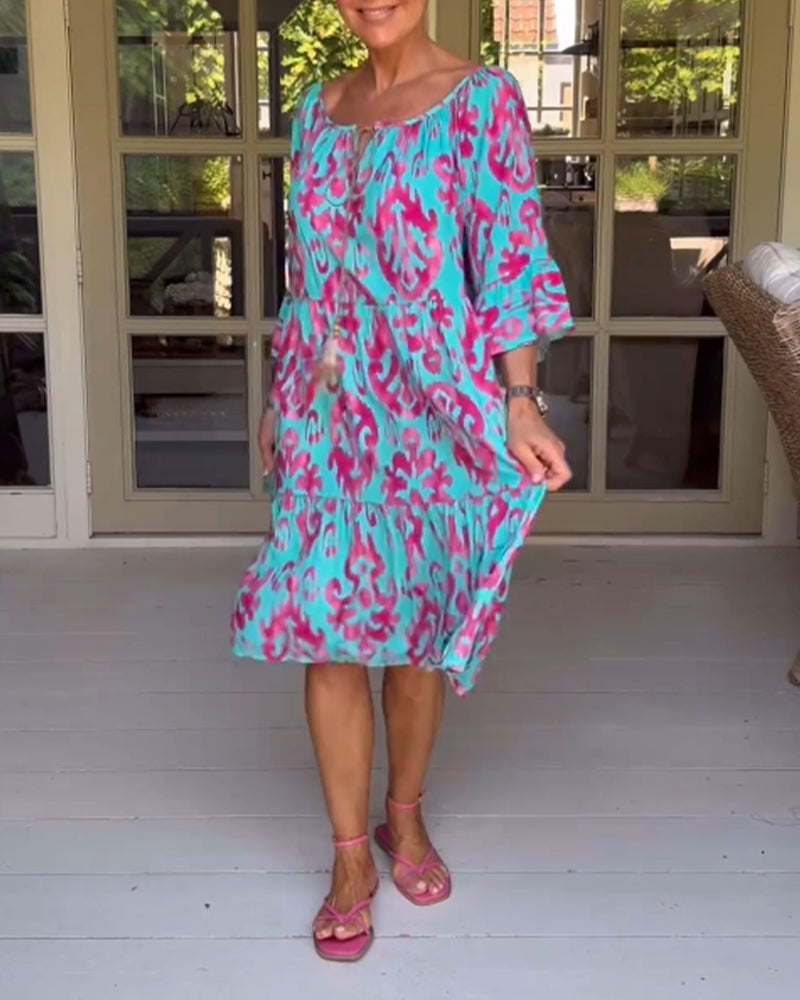 Camille™ Drawstring Neck Bell Sleeve Midi Dress
