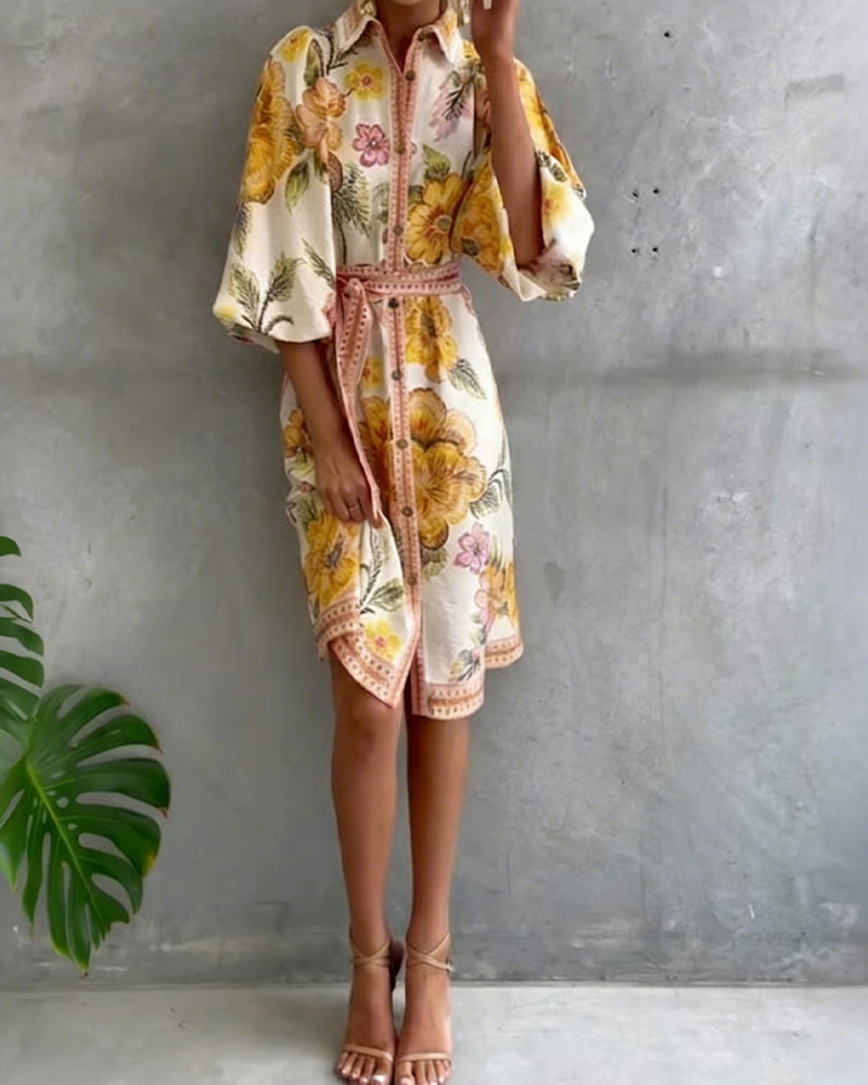 Lorette™ Notch Collar Lantern Sleeve Midi Dress
