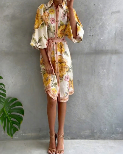 Lorette™ Notch Collar Lantern Sleeve Midi Dress