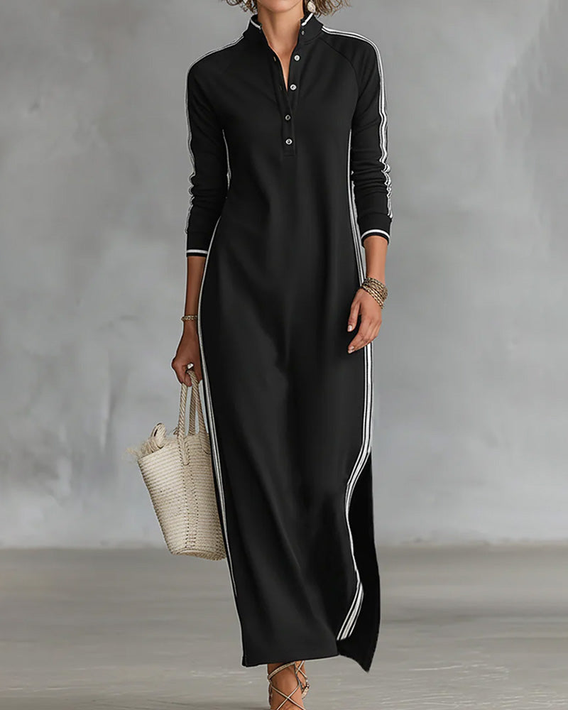 Sirilak™ | Linen V-Neck Maxi Dress with Contrast Buttons