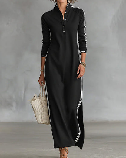 Sirilak™ | Linen V-Neck Maxi Dress with Contrast Buttons
