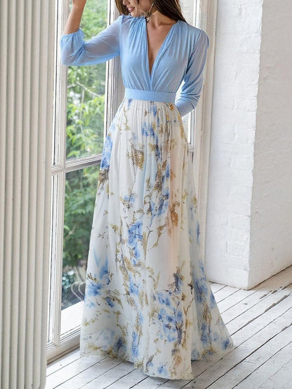 Azure | V-Neck Botanical Print Maxi Dress